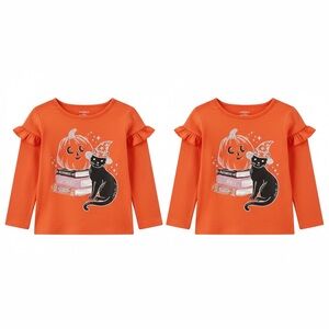 TWIN BUNDLE / Carter's Orange Halloween Long Sleeve Tee with Black Cat 🐈‍⬛📚🎃